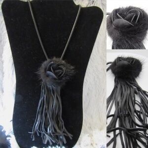 Black rose leather tassel pendant necklace
